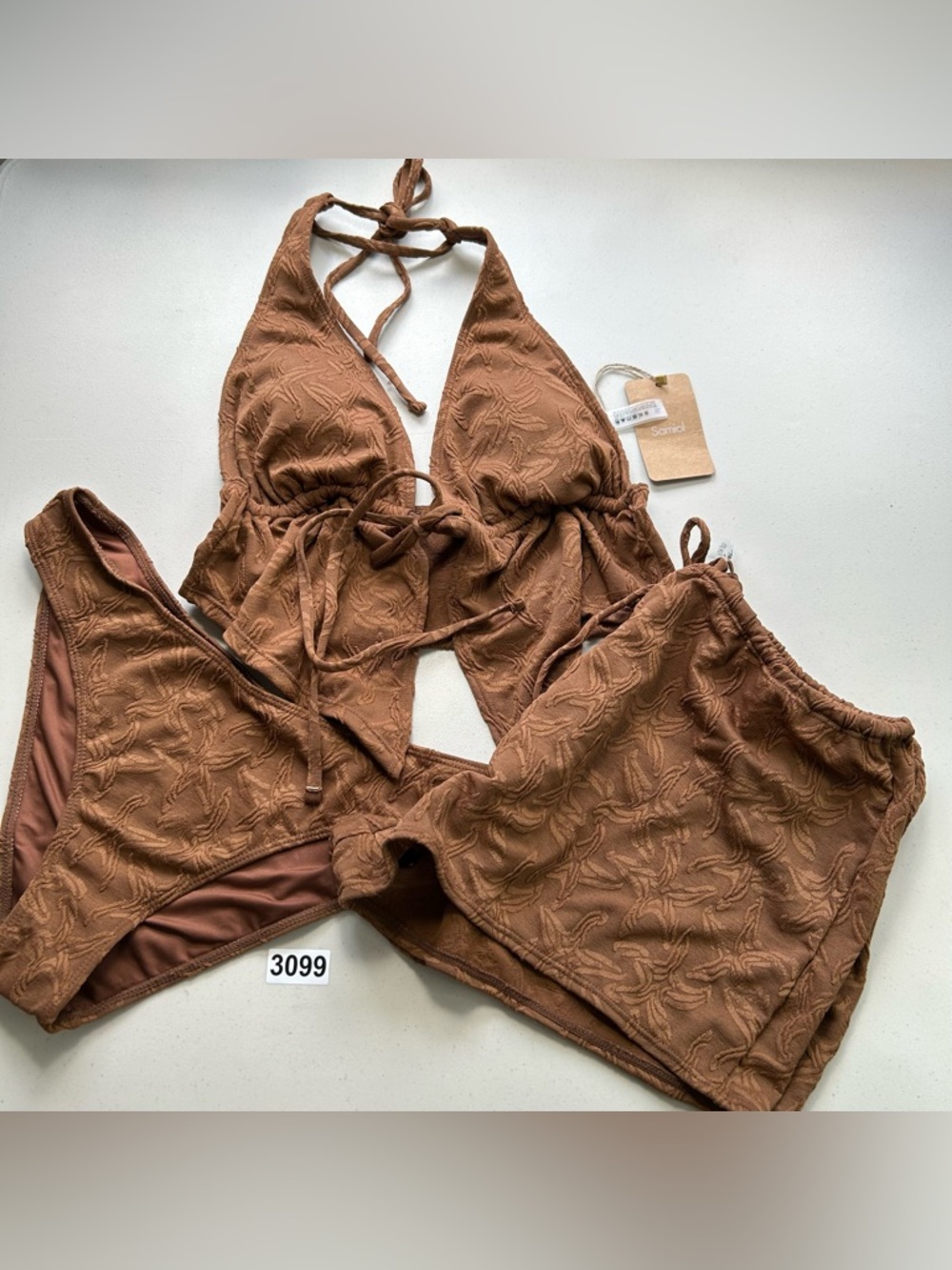 Women’s Textured Brown Bikini Set with Skirt